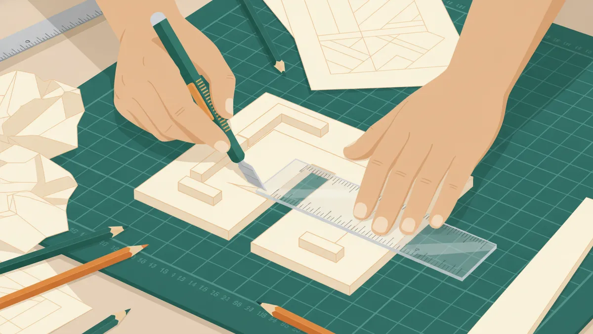 Illustration : gros plan sur les mains d'un étudiant qui découpe du carton plume au cutter, sur un tapis de coupe, pour assembler la maquette d'un petit espace public ; règle, crayons et papier calque autour.