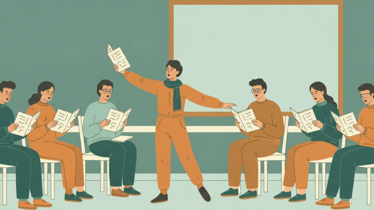 Illustration : des étudiants assis en cercle lisent une scène à voix haute, texte en main ; l'un d'eux s'est levé et joue en lisant ; un enseignant écoute en prenant des notes.