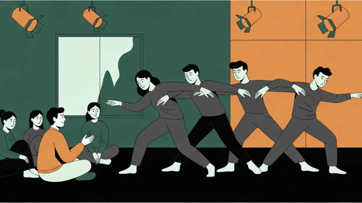 Illustration : une salle de répétition au sol noir, sous quelques projecteurs ; cinq étudiants en vêtements sombres forment un chœur en mouvement, figés dans des poses expressives, pendant que d'autres étudiants assis par terre les regardent.