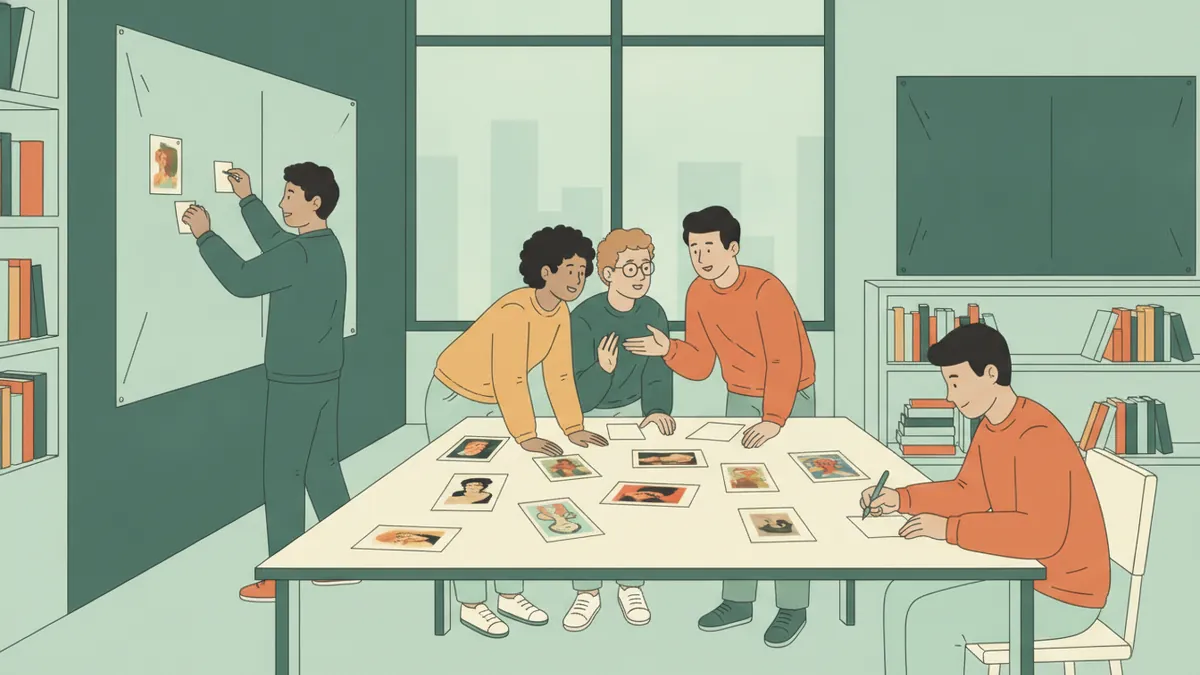 Illustration : des étudiants autour d'une grande table couverte de reproductions d'œuvres et de fiches ; l'un épingle des cartes sur un panneau mural, les autres discutent de l'ordre d'accrochage.