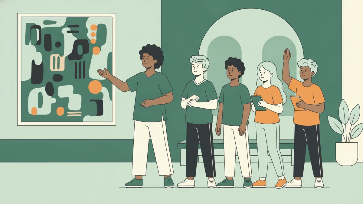 Illustration : dans une salle de musée, une jeune médiatrice montre un grand tableau abstrait à un petit groupe de visiteurs ; l'une d'eux lève la main pour poser une question.