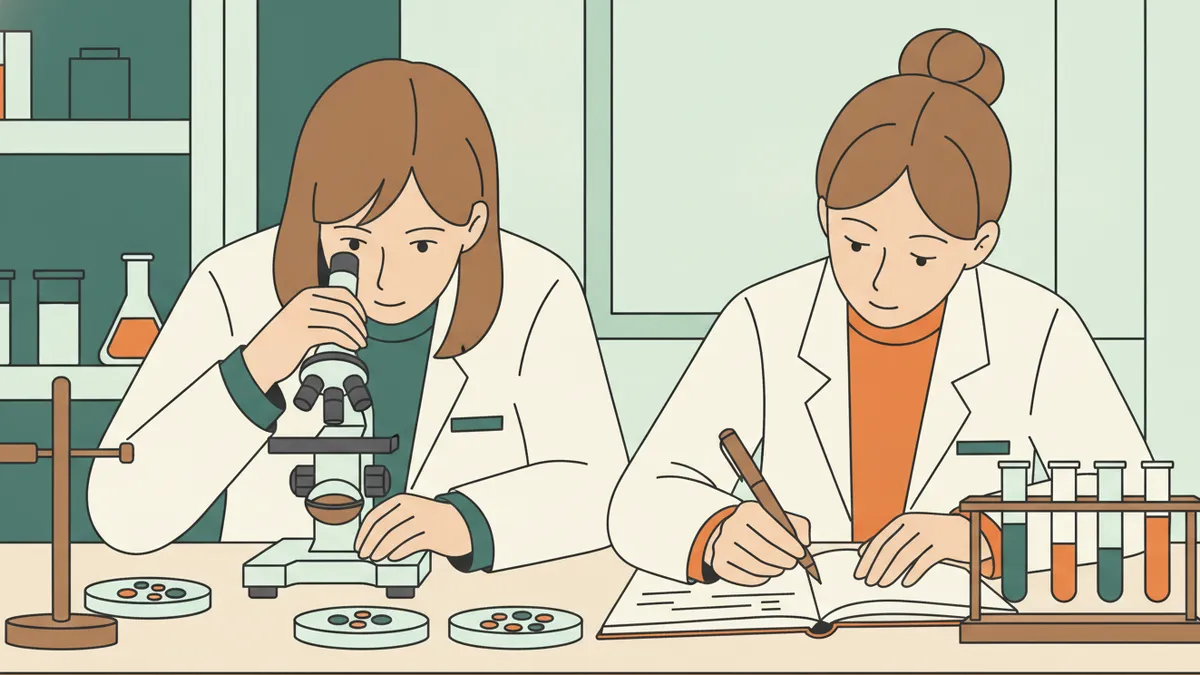 Illustration : en TP de biologie, une étudiante en blouse regarde dans un microscope pendant que sa camarade dessine des cellules dans un cahier ; boîtes de Petri et portoir de tubes sur la paillasse.