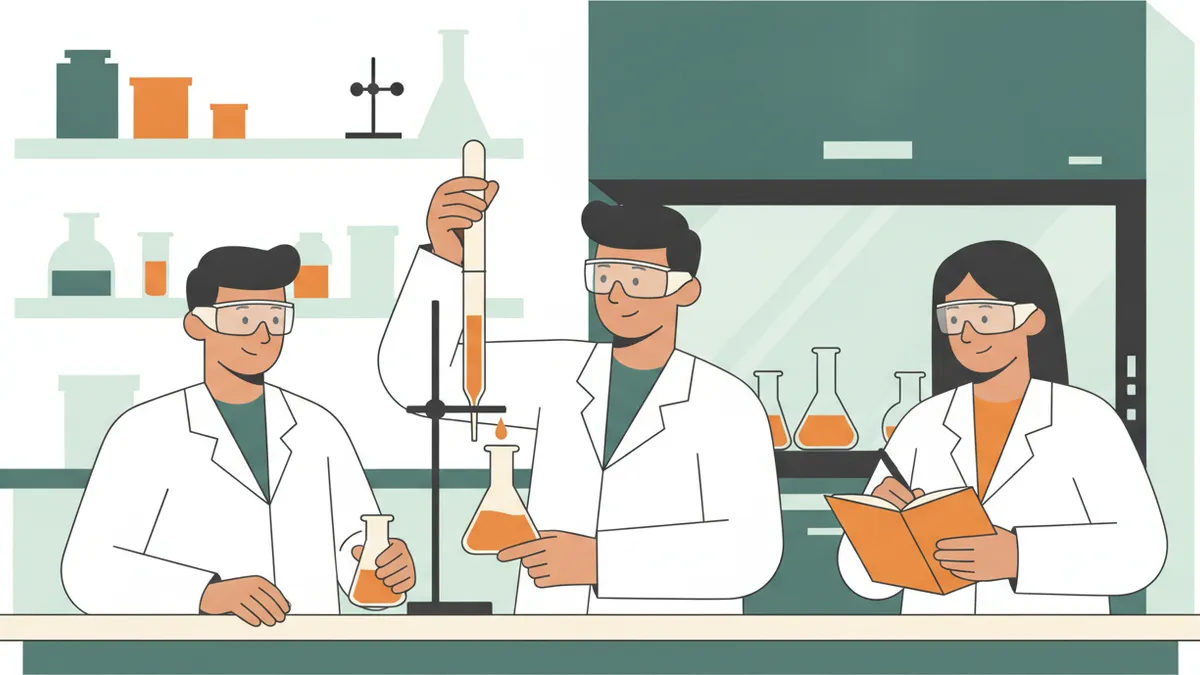 Illustration : dans une salle de travaux pratiques, trois étudiants en blouse blanche et lunettes de protection font un titrage ; la solution vire à l'orange dans l'erlenmeyer sous la burette, une étudiante note les résultats dans son cahier.
