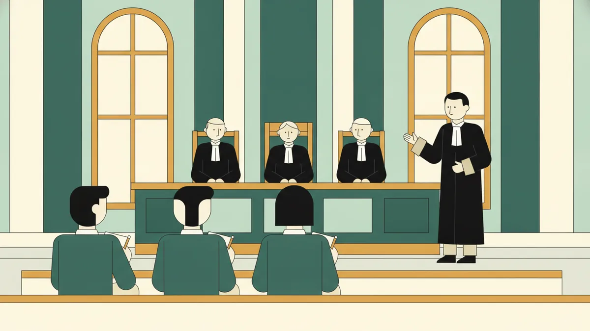Illustration : vue depuis les bancs du public d'une salle d'audience ; trois étudiants prennent des notes tandis qu'un avocat en robe plaide devant trois juges.