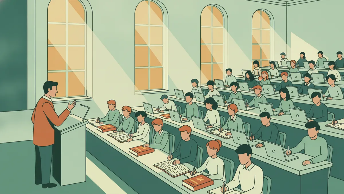 Illustration : un grand amphithéâtre de faculté de droit baigné de lumière ; un professeur parle debout près d'un pupitre, des dizaines d'étudiants prennent des notes sur ordinateur, des codes rouges ouverts sur les tables.