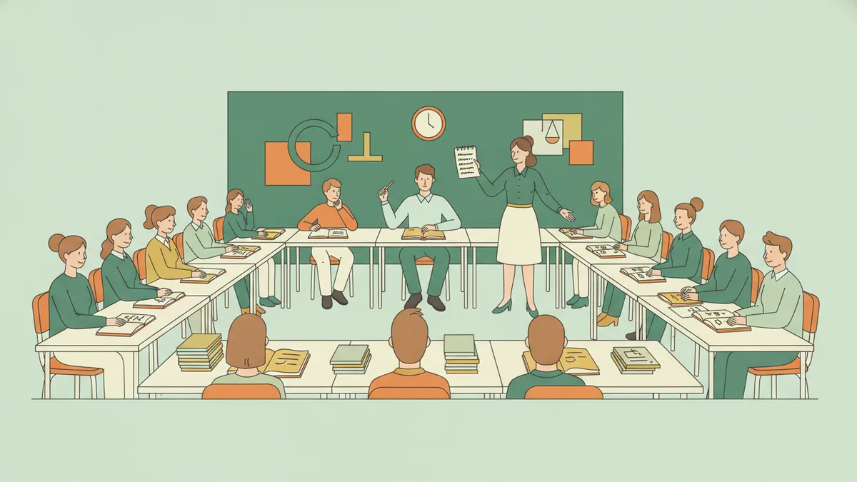 Illustration : une salle de TD en U ; une étudiante debout présente son analyse à partir de ses notes, un chargé de TD et une quinzaine d'étudiants l'écoutent, des codes ouverts sur les tables.