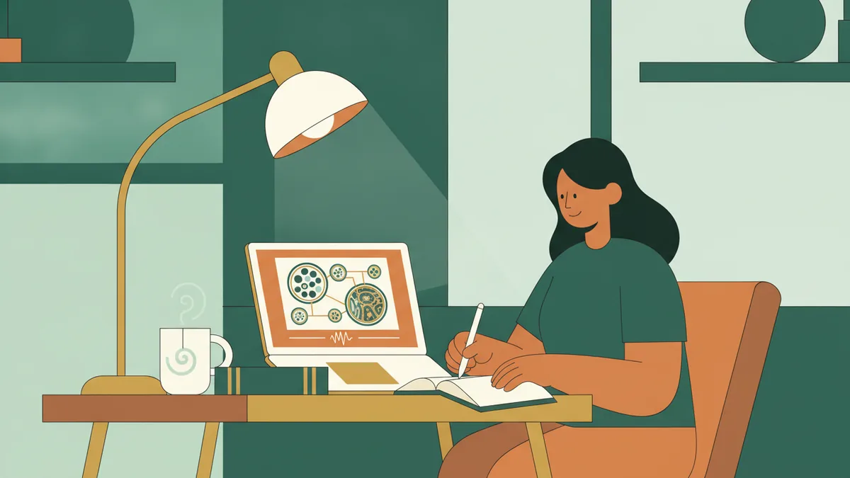 Illustration : le soir, une étudiante à son bureau prend des notes devant un cours enregistré sur des cellules et des tissus, affiché sur son ordinateur ; un livre de droit est poussé sur le côté.