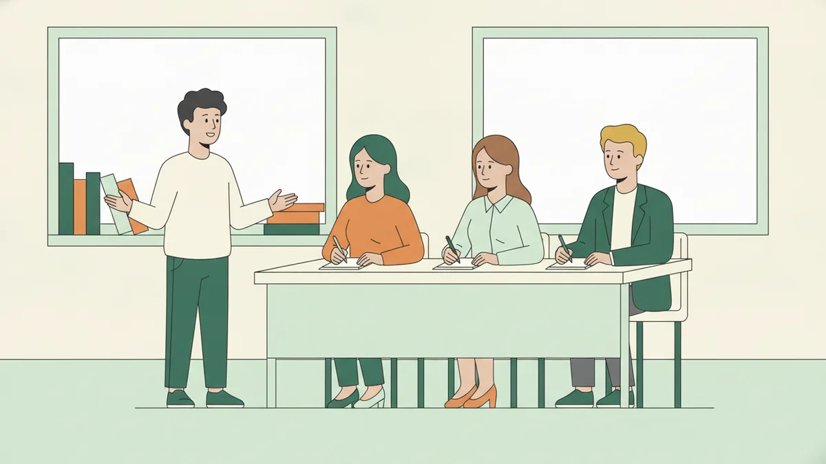 Illustration : dans une salle claire, un étudiant debout s'exprime devant un jury de trois personnes assises derrière une table, qui prennent des notes.