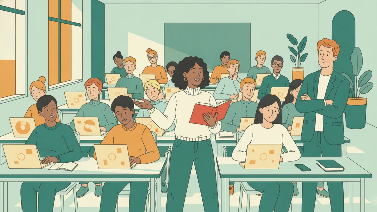 Illustration : dans une salle de travaux dirigés, une étudiante debout argumente en tenant un code ouvert, pendant que ses camarades prennent des notes sur leurs ordinateurs et qu'un jeune enseignant l'écoute, bras croisés.