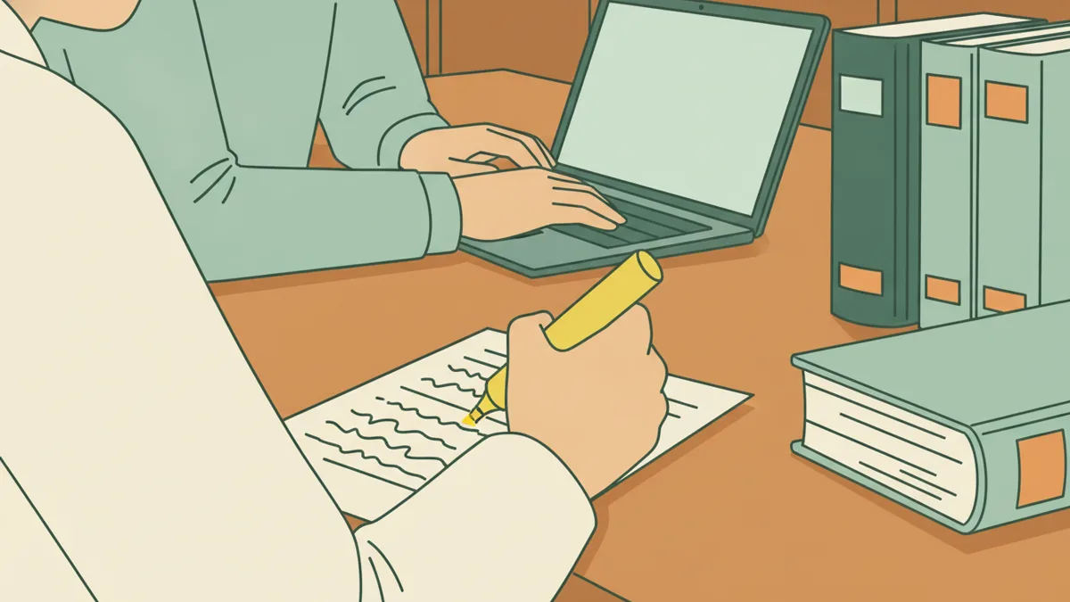 Illustration : gros plan sur deux étudiants à une table de bibliothèque ; l'un surligne en jaune les lignes d'un document imprimé, l'autre tape sur un ordinateur portable, à côté de piles d'épais ouvrages juridiques.