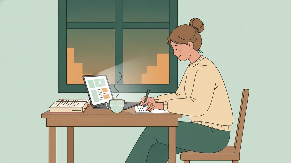 Illustration : le soir, une étudiante travaille seule à une table chez elle ; un ordinateur portable ouvert affiche une page de cours, un épais code juridique est posé à côté, elle rédige à la main, une tasse fume près d'elle.