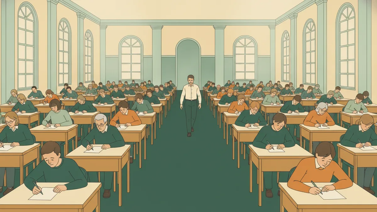 Illustration : une grande salle d'examen aux hautes fenêtres, des rangées d'étudiants de tous âges composent sur papier à des tables individuelles pendant qu'un surveillant marche dans l'allée centrale.