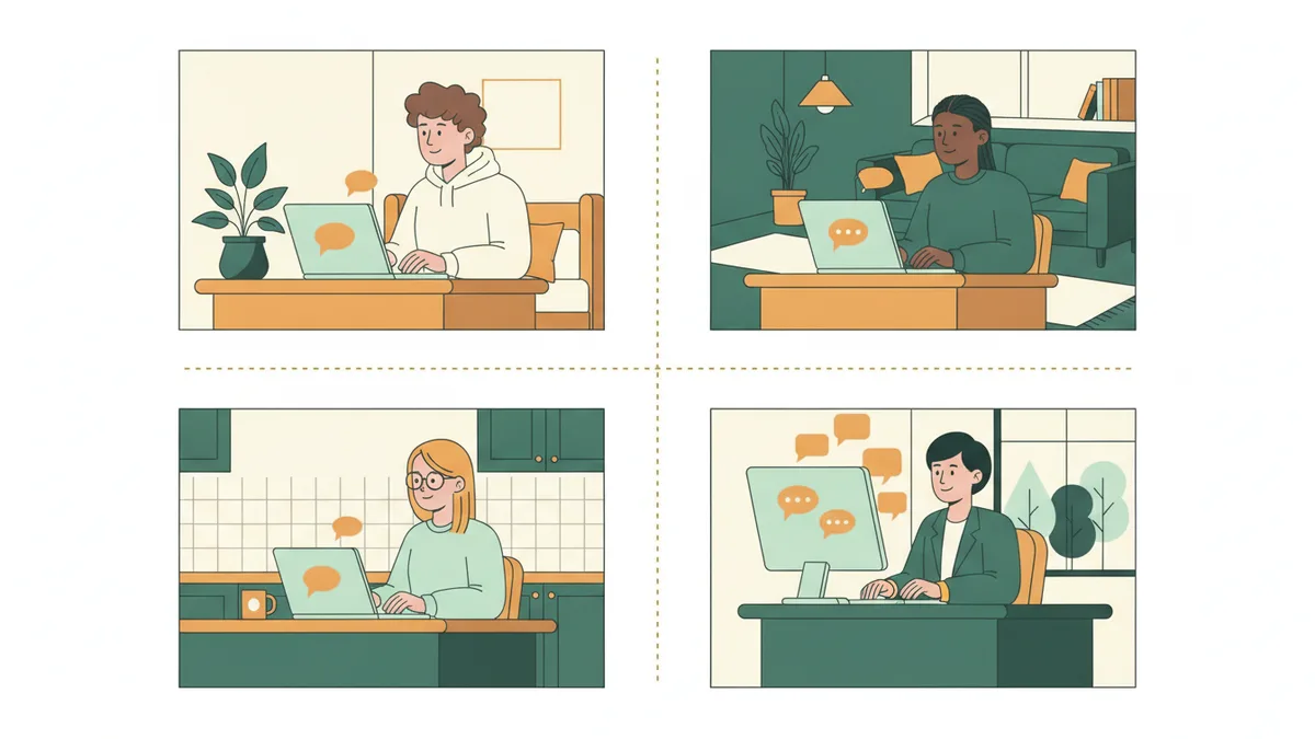 Illustration en quatre cases : trois étudiants, chacun chez soi devant son ordinateur, échangent des bulles de discussion avec un tuteur en veste qui leur répond depuis son bureau.