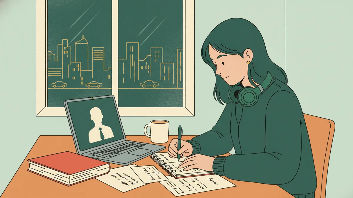 Illustration : une étudiante travaille le soir à la table de sa cuisine ; sur l'ordinateur, un professeur en vidéo ; elle prend des notes à côté d'un gros code rouge, un casque autour du cou.