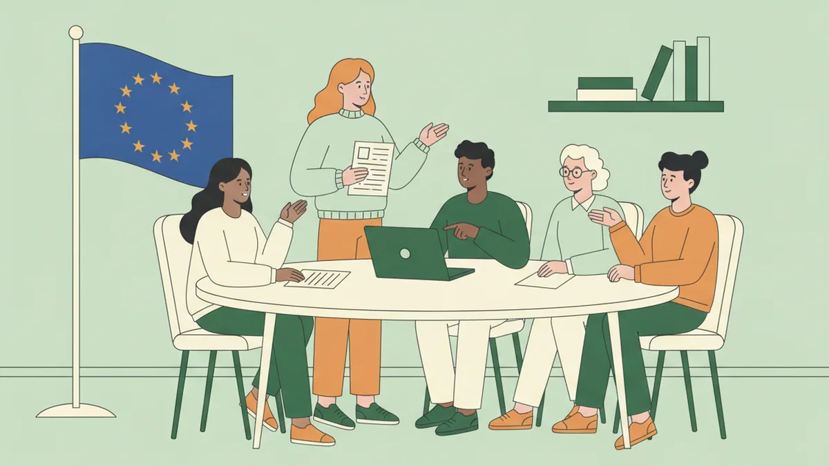 Illustration : six étudiants en droit autour d'une table ovale débattent en anglais ; l'un parle, un texte de traité à la main ; un drapeau européen dans un coin, une carte de l'Europe sur un ordinateur.