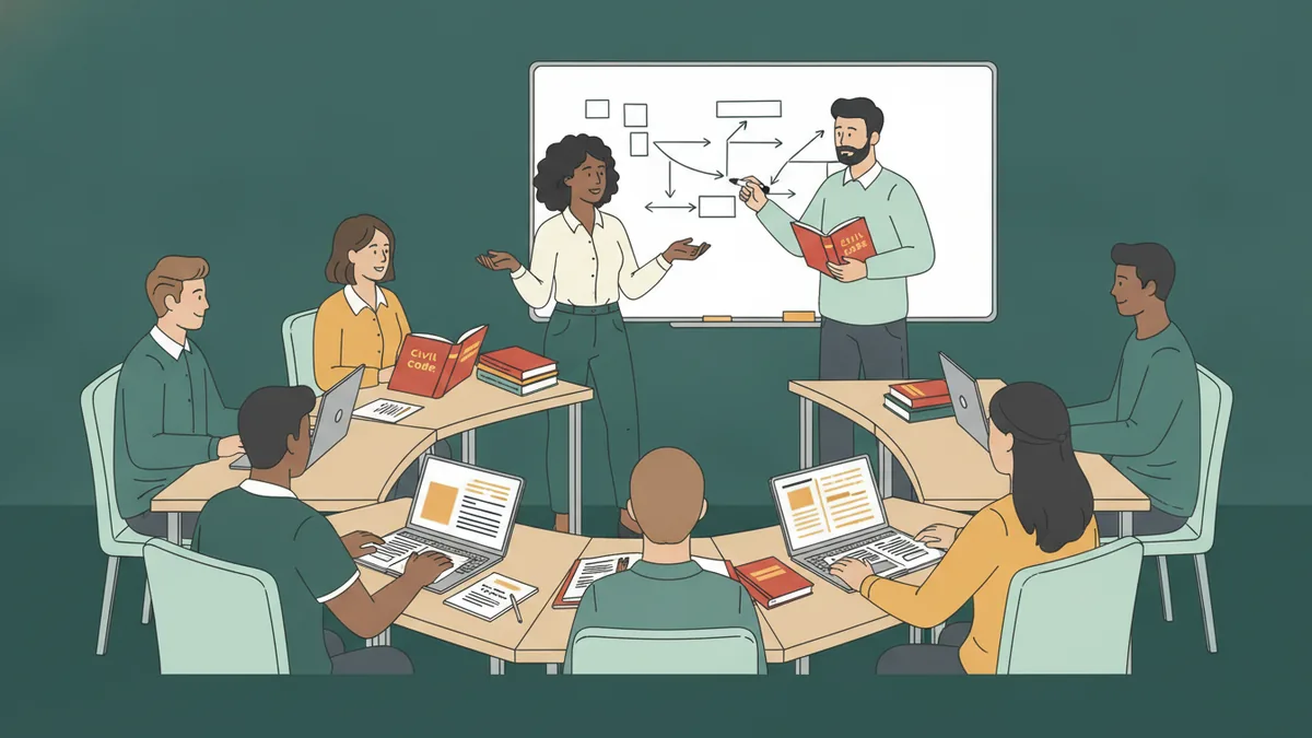 Illustration : un TD de droit de première année ; des étudiants avec des codes rouges ouverts ; l'un se lève pour répondre pendant que la chargée de TD dessine au tableau le schéma d'un cas pratique avec des flèches.