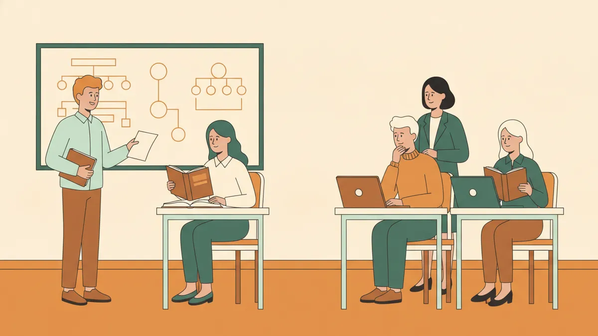 Illustration : dans une petite salle, un étudiant debout plaide en anglais une feuille à la main ; trois camarades l'écoutent, livres de droit ouverts, pendant qu'une enseignante observe.
