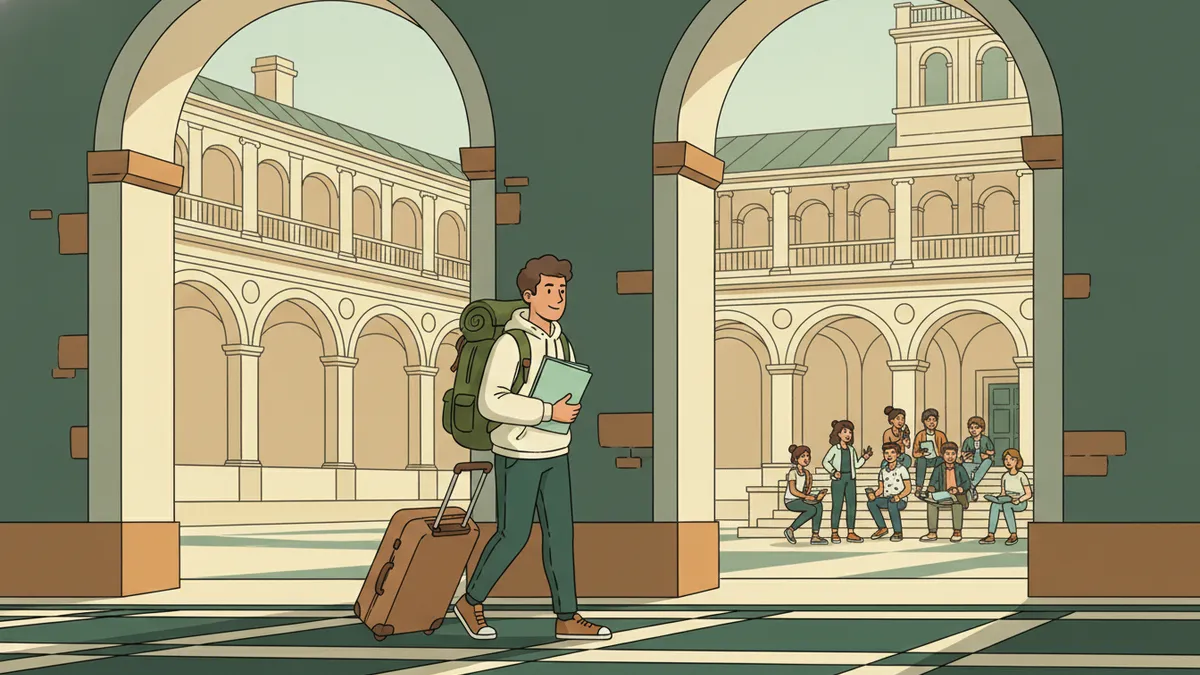 Illustration : un étudiant, sac à dos et valise à roulettes, entre dans la cour à arcades d'une université étrangère, un dossier de cours sous le bras ; des étudiants discutent sur les marches.