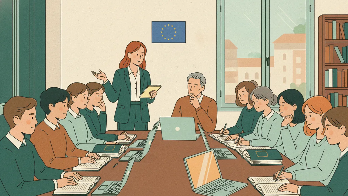 Illustration : dans une salle de travaux dirigés, une étudiante debout défend son raisonnement juridique devant une quinzaine d'étudiants penchés sur leurs codes et leurs ordinateurs ; au mur, un petit drapeau européen.