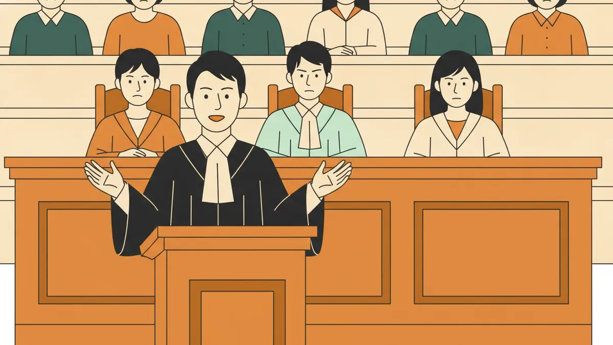 Illustration : dans une salle d'audience reconstituée, un étudiant en robe noire plaide avec de grands gestes devant trois étudiants qui jouent les juges ; d'autres étudiants écoutent depuis les bancs.
