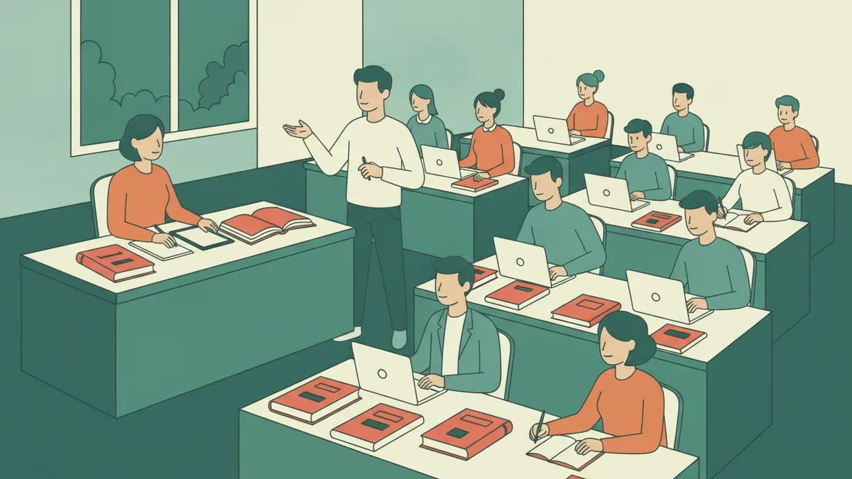 Illustration : une salle de TD d'une vingtaine d'étudiants ; des codes rouges sont ouverts sur les tables, un jeune enseignant debout s'adresse à une étudiante, les autres prennent des notes sur papier ou ordinateur.