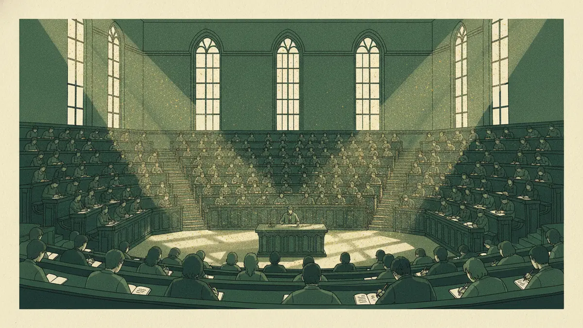 Illustration : un grand amphithéâtre ancien vu du fond, des centaines d'étudiants sur des gradins de bois, de hautes fenêtres, un professeur minuscule à sa chaire tout en bas.