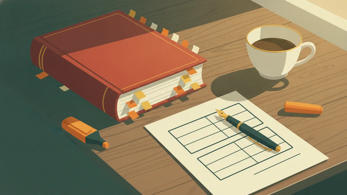 Illustration : un gros code rouge hérissé de marque-pages de couleur, un surligneur orange, un stylo-plume et une feuille avec un plan en deux colonnes, une tasse de café.