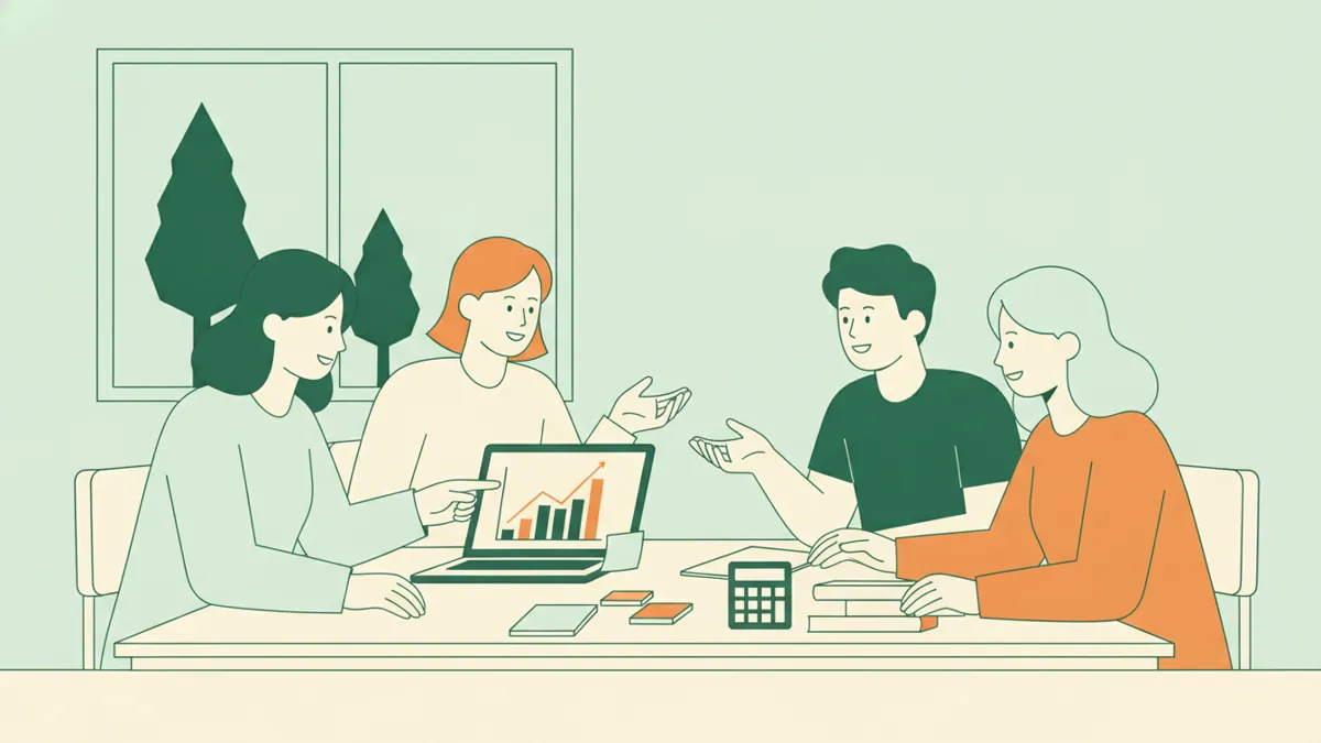Illustration : quatre étudiants autour d'une table travaillent sur un projet de groupe ; un ordinateur affiche un graphique en barres et une courbe, une calculatrice et des post-it sont posés devant eux, l'une des étudiantes montre le graphique du doigt.
