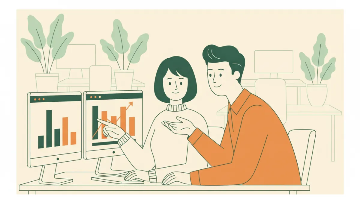 Illustration : dans un bureau ouvert avec des plantes, une étudiante en stage travaille devant deux écrans qui affichent des graphiques ; un collègue tuteur se penche pour lui expliquer quelque chose.