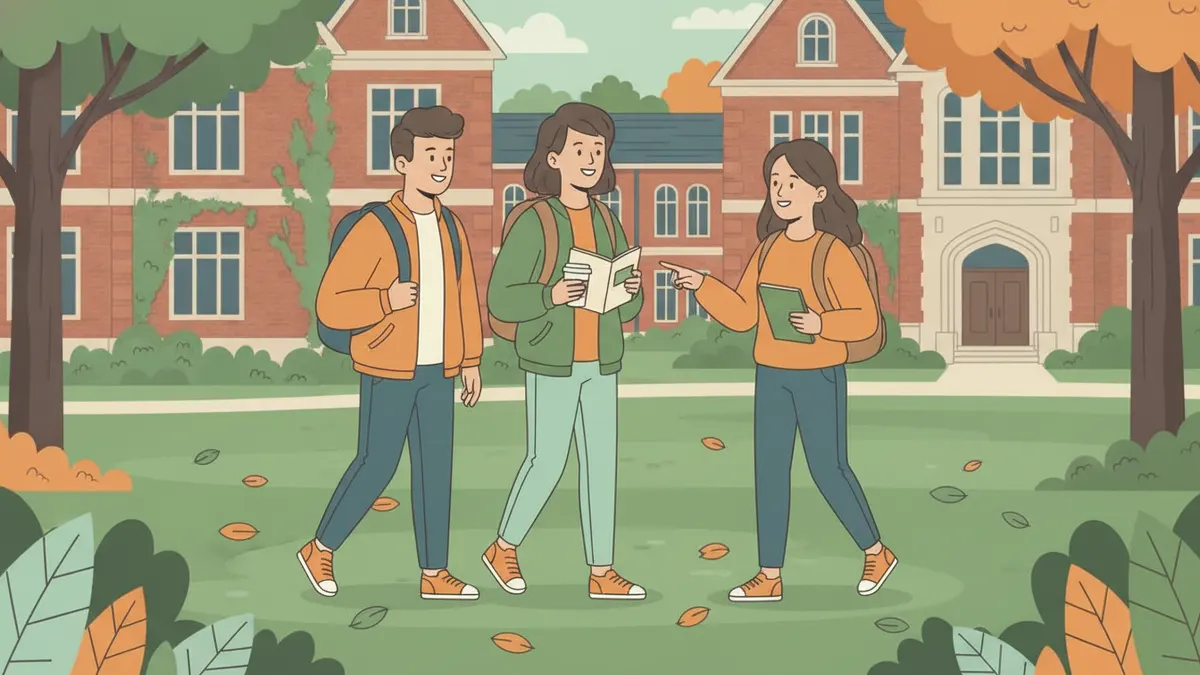 Illustration : deux étudiants en échange, sac sur le dos, traversent la pelouse d'un campus anglophone en brique rouge ; une étudiante du pays leur montre le chemin, un livret de cours à la main. Arbres d'automne.