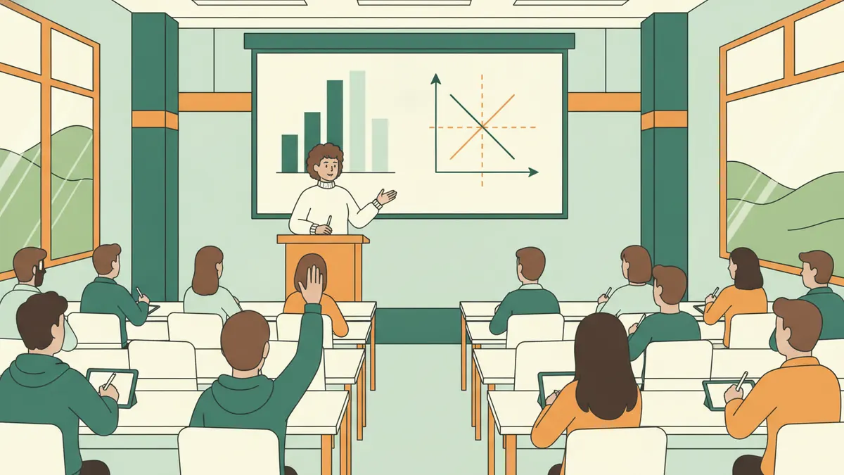 Illustration : dans une salle de cours, une étudiante présente devant un écran où s'affichent un diagramme en barres et des courbes d'offre et de demande ; une douzaine de camarades l'écoutent, l'un lève la main pour poser une question.