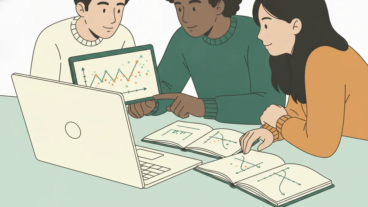 Illustration : trois étudiants autour d'un ordinateur portable analysent ensemble une courbe et un nuage de points ; des cahiers ouverts montrent des courbes d'offre et de demande.