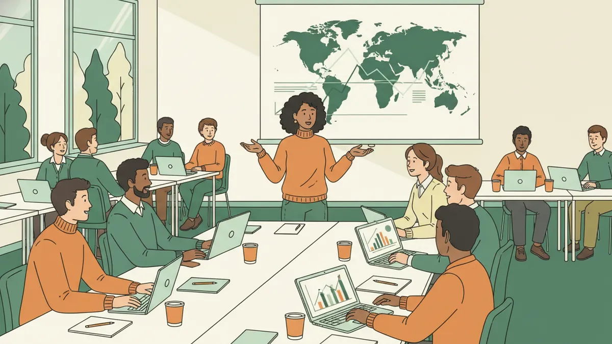 Illustration : dans une salle de séminaire, des étudiants débattent en petits groupes autour d'ordinateurs portables ; une étudiante debout prend la parole devant une carte du monde.