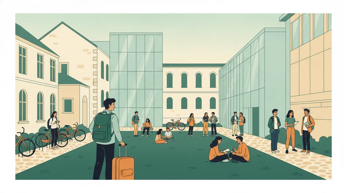 Illustration : une étudiante avec un sac à dos et une petite valise arrive sur un campus européen ensoleillé, où d'autres étudiants discutent sur la pelouse près de vélos garés.