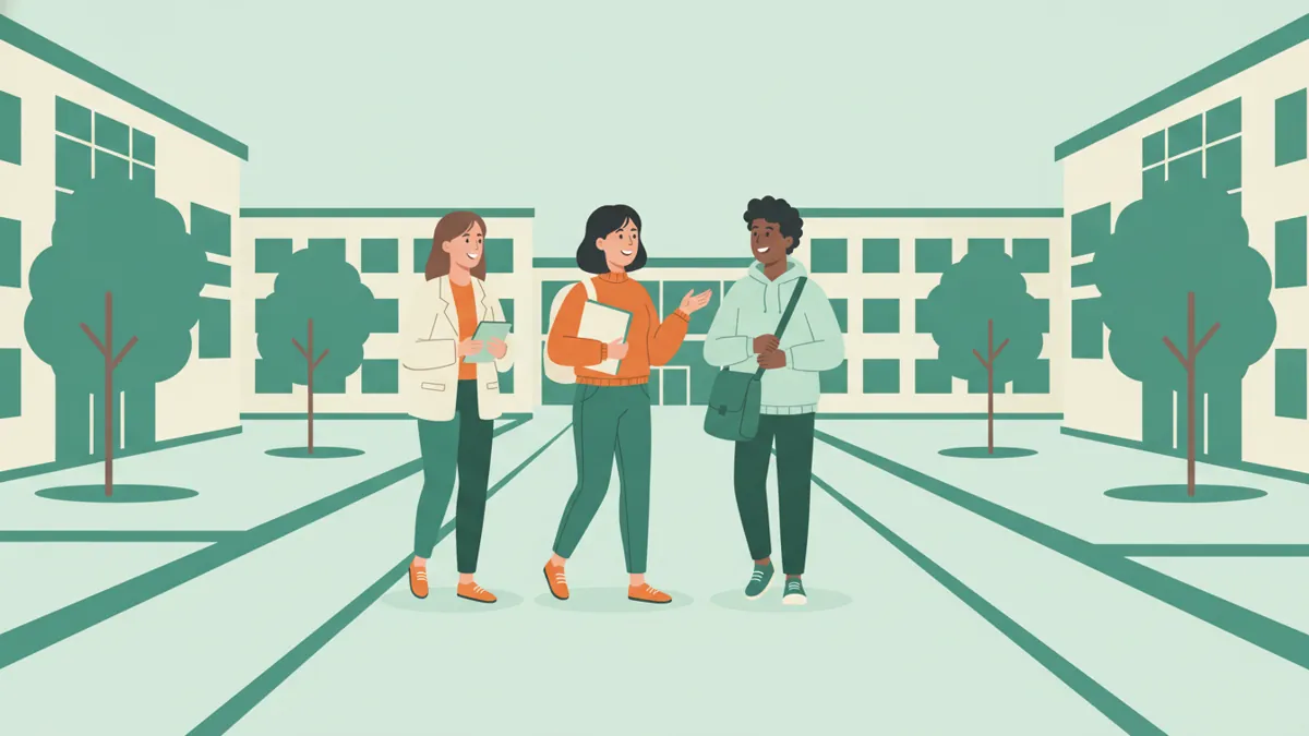 Illustration : une étudiante traverse la cour d'une université européenne avec deux camarades internationaux, sac au dos et dossier sous le bras ; ils discutent et rient entre des bâtiments modernes et des arbres.