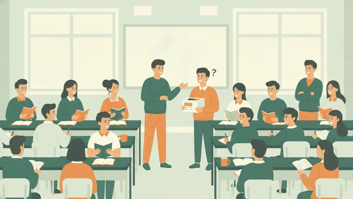 Illustration : un TD de marketing dans une salle lumineuse ; deux étudiants jouent un entretien de vente devant leurs camarades, l'un tient une boîte de produit, les autres prennent des notes, l'enseignant observe.