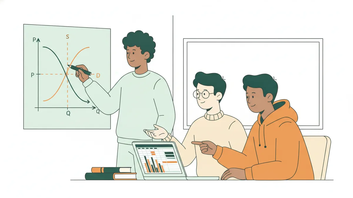 Illustration : trois étudiants dans une petite salle de travaux dirigés ; l'un trace un graphique d'offre et de demande au tableau, les deux autres discutent devant un ordinateur portable ouvert sur un tableur.