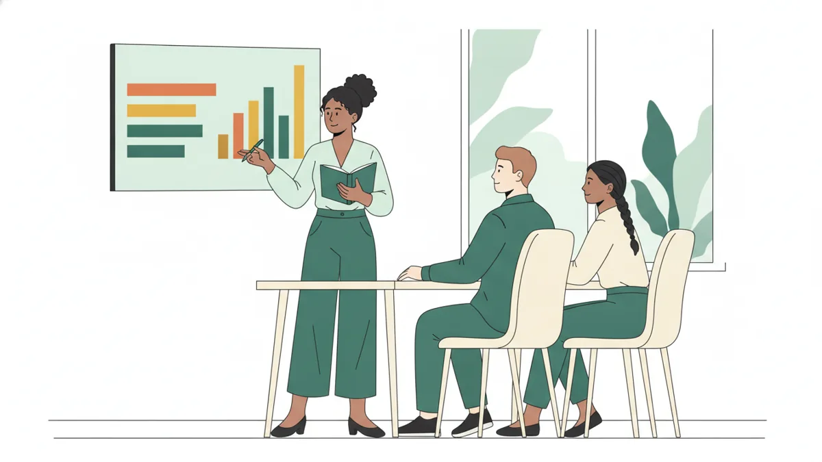 Illustration : une jeune stagiaire présente un graphique en barres sur un écran à deux salariés, pendant une réunion dans le bureau d'une petite entreprise.