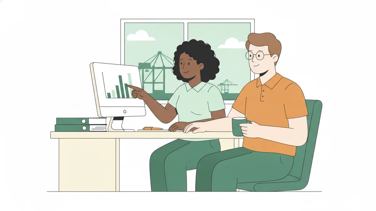Illustration : une stagiaire et son tuteur devant un écran qui affiche un graphique en barres, dans un bureau ; par la fenêtre, on aperçoit des grues portuaires.