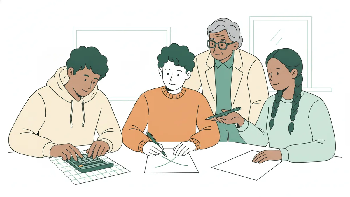 Illustration : trois étudiants en TD autour d'une table, l'un tape sur une calculatrice au-dessus d'une feuille quadrillée, une autre trace deux courbes qui se croisent, un troisième écoute ; un enseignant se penche vers eux.