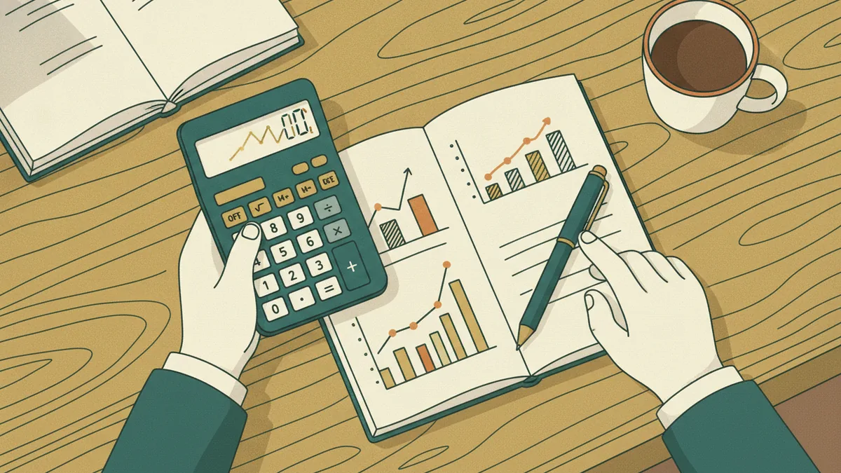 Illustration : gros plan sur les mains d'un étudiant qui utilise une calculatrice scientifique à côté d'un cahier avec un histogramme et une courbe tracés à la main.