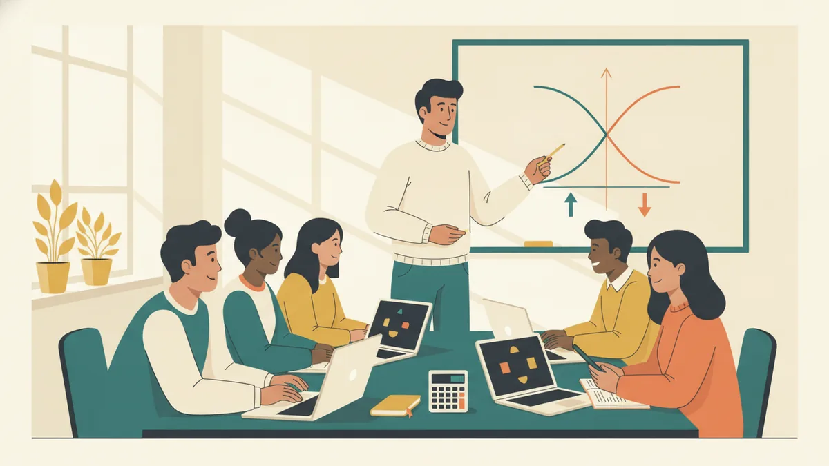 Illustration : cinq étudiants de première année autour d'une table, une enseignante montre au tableau deux courbes d'offre et de demande qui se croisent.