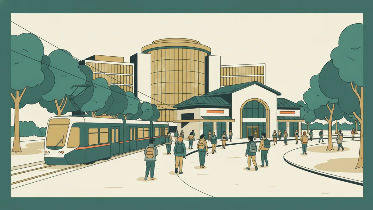 Illustration : des étudiants sac au dos sortent d'une gare de banlieue moderne le matin, un tramway passe, un bâtiment universitaire à façade arrondie en arrière-plan.