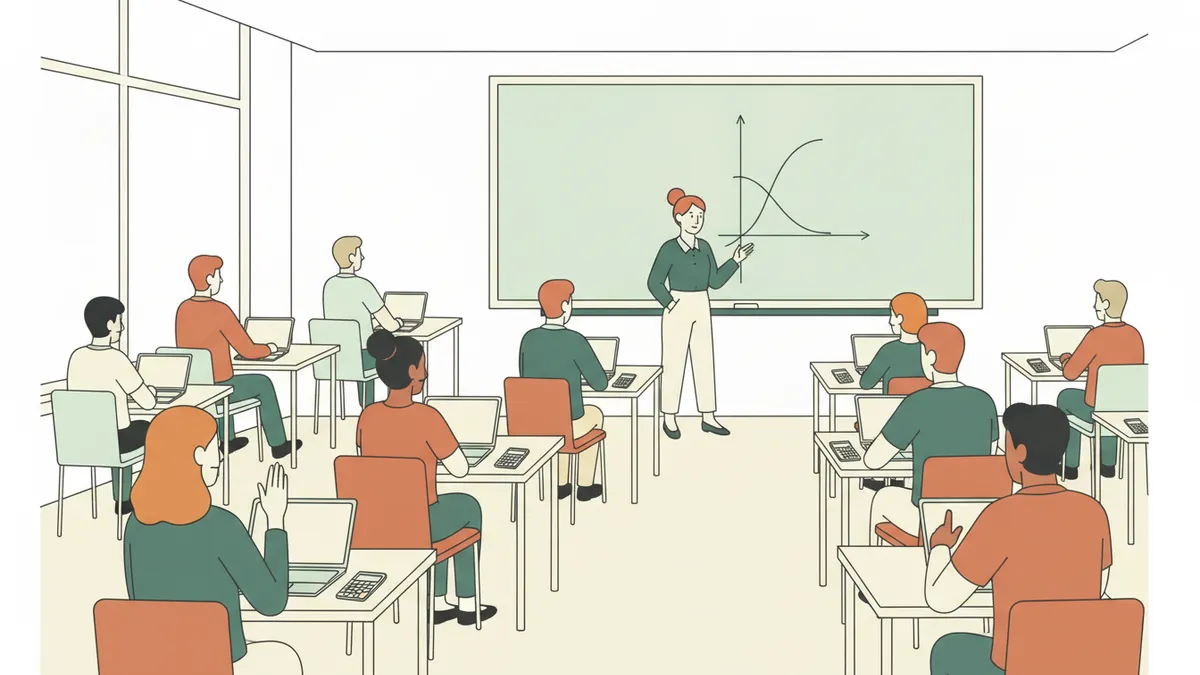 Illustration : en salle de TD, une douzaine d'étudiants avec ordinateurs et calculatrices écoutent une jeune enseignante qui trace une courbe d'offre et de demande au tableau ; une étudiante lève la main.