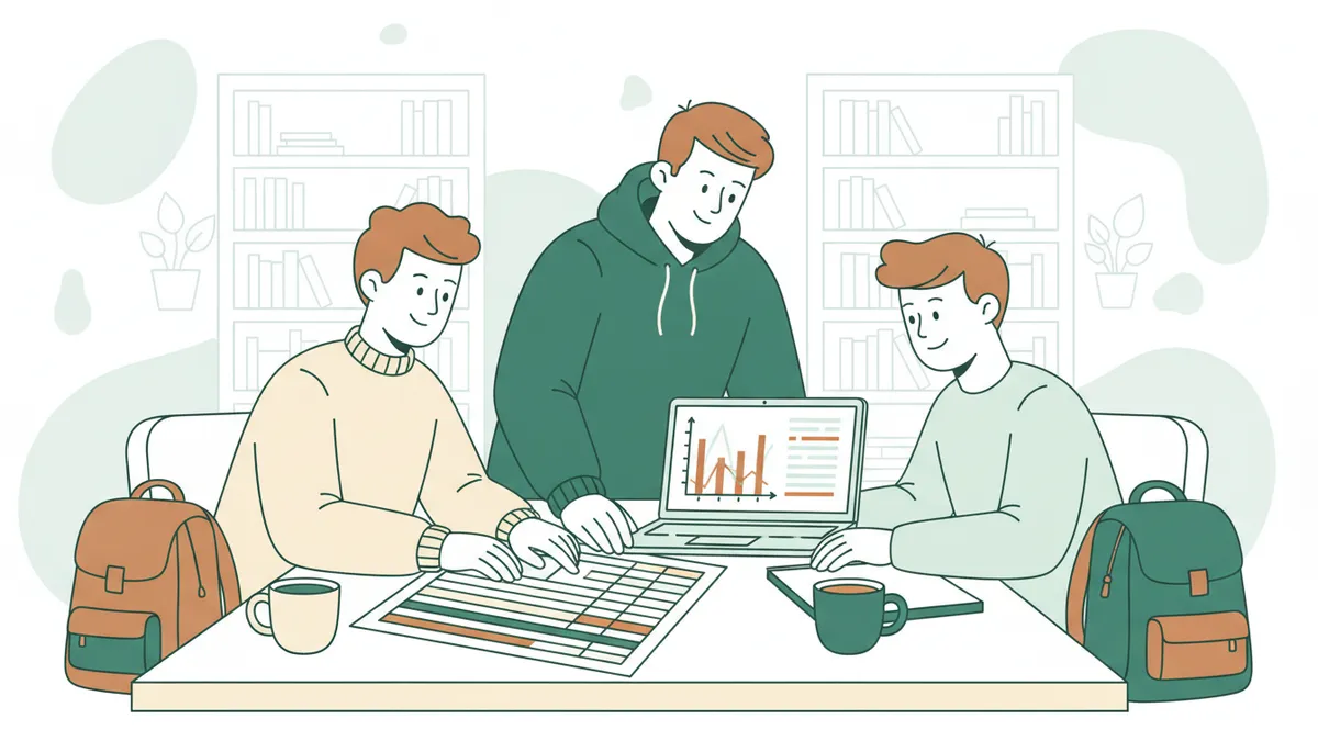 Illustration : à une table de bibliothèque, un étudiant plus âgé aide deux étudiants de première année à remplir un bilan comptable étalé sur la table, avec un graphique de statistiques sur un ordinateur portable.