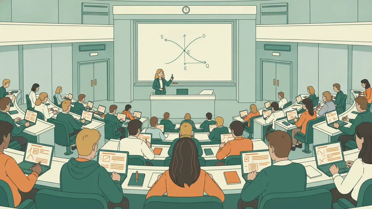 Illustration : un grand amphithéâtre vu depuis les derniers rangs ; des dizaines d'étudiants prennent des notes sur ordinateur et sur papier pendant qu'un enseignant trace des courbes d'offre et de demande sur un grand tableau blanc.