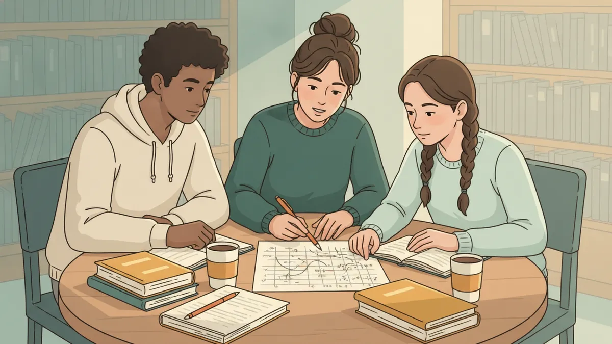 Illustration : à une table ronde de bibliothèque, une étudiante plus âgée aide deux étudiants de première année sur un exercice de mathématiques, une feuille de courbes devant eux, des livres et des gobelets de café autour.