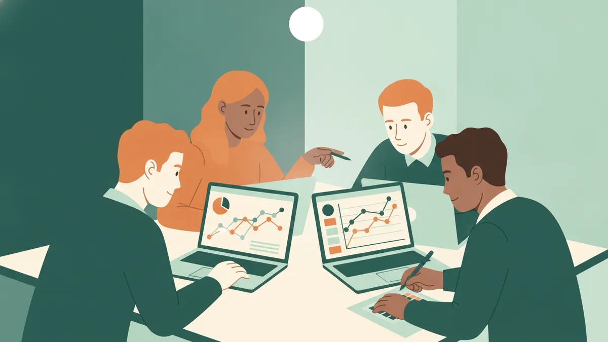 Illustration : quatre étudiants en économie travaillent sur des ordinateurs portables qui affichent des graphiques en couleur, des nuages de points et des droites de régression ; l'un montre un écran, une autre calcule sur papier.