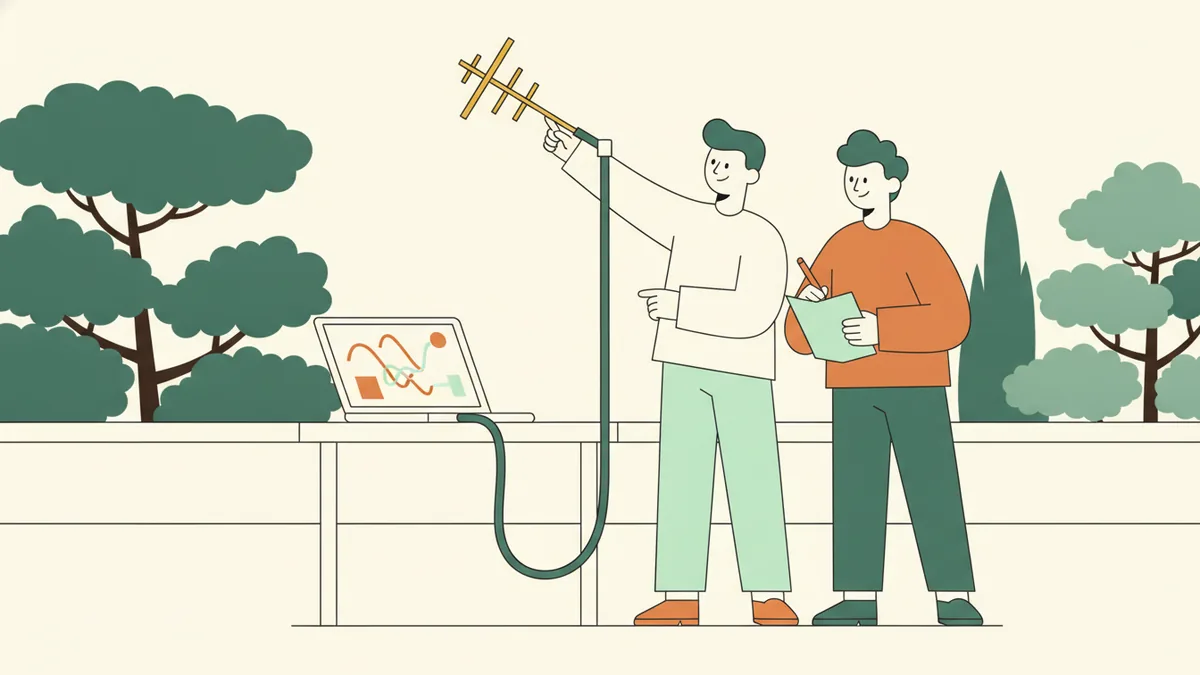 Illustration : sur une terrasse ensoleillée bordée de pins, deux étudiants orientent vers le ciel une petite antenne reliée à un ordinateur portable et notent les valeurs du signal.