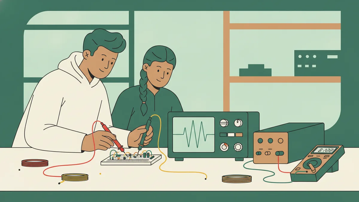 Illustration : deux étudiants à une paillasse de TP ; l'un pose des sondes sur un petit circuit monté sur une plaque d'essai, l'autre observe une courbe verte sur l'écran d'un oscilloscope ; alimentation, multimètre et fils de couleur sur la table.